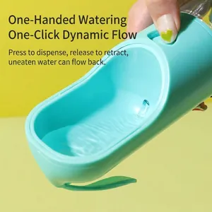 Portable pet water bottle with wide bowl and one-hand operation button in mint green