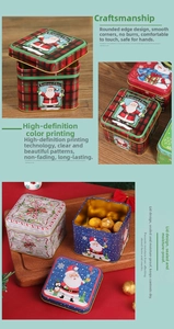 Detail of metal Christmas candy tin showing high-definition festive printing and rolled edges
