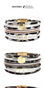 Détail du bracelet bohème multicouche à motif léopard avec fermoir magnétique et perles