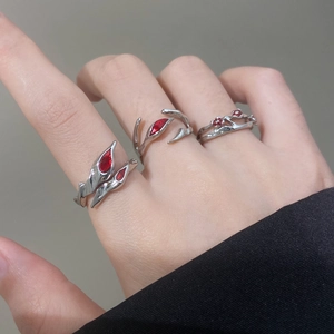 Gothic punk silver adjustable open rings with red crystal accents for men and women