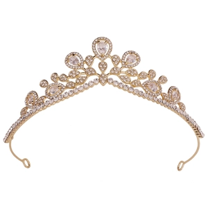 Elegant gold bridal tiara crown with teardrop zircon and pavé crystal accents