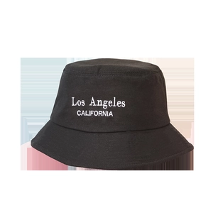 Kids black wide brim bucket hat featuring white Los Angeles California embroidery art