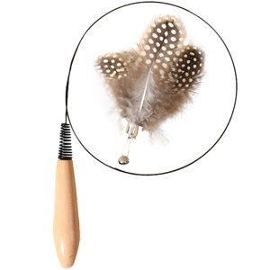 Extra-long cat teaser wand with wooden handle, spring wire, feathers, and a bell