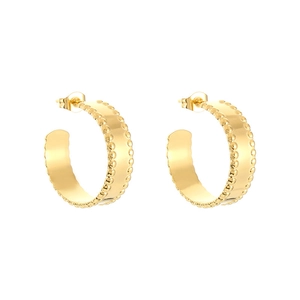 French style 18k gold plated C-shaped hoop earrings with elegant beaded edge texture