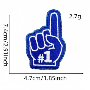 Detailed dimensions of blue foam finger embroidery patch with size measurement markings