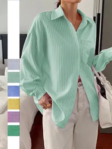 Women Striped Long Sleeve Shirt Loose Fit Casual Button Down Blouse With Pocket Polyester Turn Down Collar Minimalist