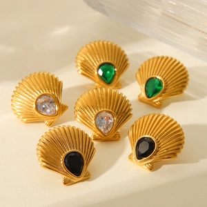 18K gold plated stainless steel shell earrings with zircon stones in three colors