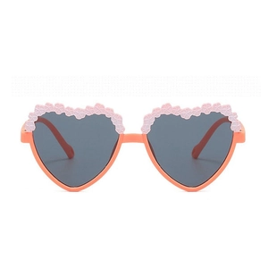 Fashionable heart-shaped kids sunglasses with orange frame and pink floral lace decor