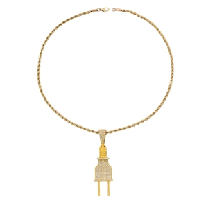 Men hip hop golden power plug pendant necklace with diamonds on twisted chain