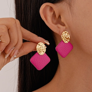Retro Square Geometric Earrings Alloy Hammered Metal Pink Faux Leather Silver Earring Post