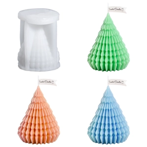 DIY Christmas tree silicone candle mold with pleated geometric pine tree wax finished samples