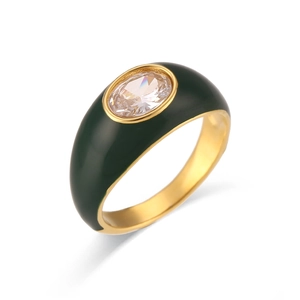 Vintage 18K gold plated stainless steel ring with oval zircon and green enamel finish