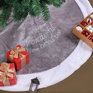Grey plush Christmas tree skirt with white embroidery and soft faux fur border decoration