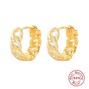 Elegant 925 sterling silver gold chain earrings with white enamel and sparkling zircon