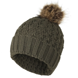 Detailed view of dark olive green knit hat with cross-texture and fluffy brown faux fur pom