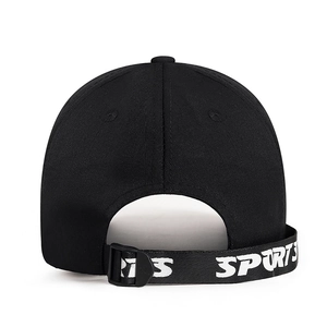 Adjustable black baseball cap back view featuring white SPORTS lettered strap detail