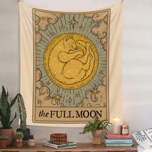 Bohemian tarot style cat tapestry with full moon design for aesthetic room wall decor