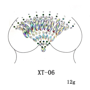 Detail of XT-06 iridescent rhinestone chest stickers with green gems for festivals