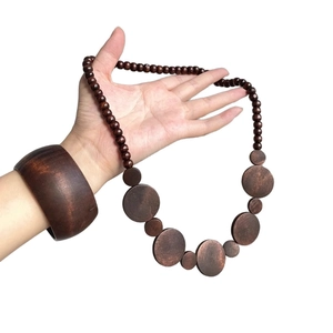 Bohemian dark brown wooden beaded necklace with round pendants and wide wood bangle set