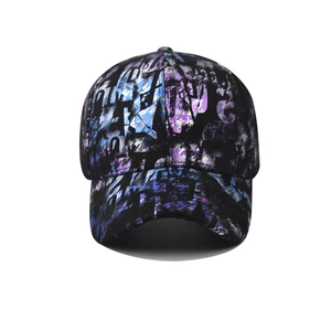 Detailed street art view of tie-dye baseball cap with colorful letter graffiti print