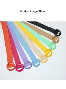 Showcase of nine bohemian stretch woven belts with round resin buckles in multiple colors