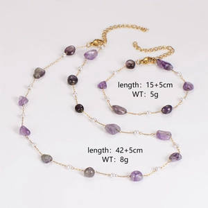 Women Jewelry Set 18K Gold Plated 304 Stainless Steel Irregular Amethyst Gravel White Faux Artificial Pearl Necklace And Bracelet
