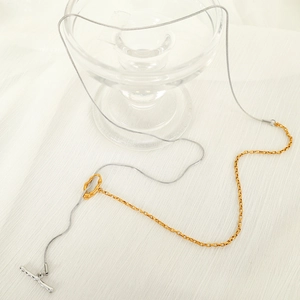 Minimalist irregular OT buckle necklace with silver snake chain and gold O-chain stitching