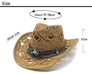 Detailed dimension chart for handwoven straw western cowboy hat with ethnic tassel beads
