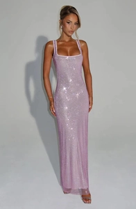Close-up of pink mesh evening dress featuring high-density rhinestones and square neck