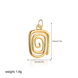 Detailed size and weight specs for the 18K gold plated spiral rectangular pendant