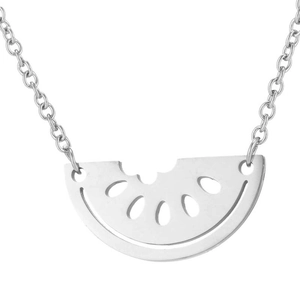 Silver stainless steel watermelon slice pendant necklace with cut-out seeds for women