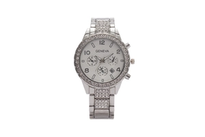 Detailed macro view of Geneva silver quartz watch with crystal bezel and white dial