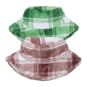 Winter plaid faux fur bucket hats in green and coffee brown patterns for women