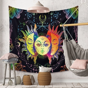 Bohemian mandala tapestry with rainbow sun and moon design for aesthetic room wall decor