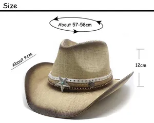 Size chart for vintage cowboy straw hat with brim width and crown height dimensions