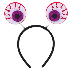 Detail of Halloween headband featuring springy bloodshot eyeballs with purple glitter iris
