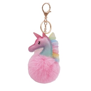 Glitter unicorn keychain with pink faux fur pompom and rainbow lace on white background