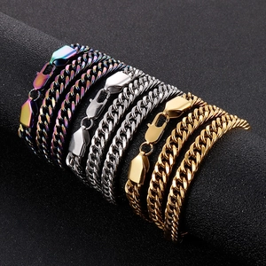 Detailed shot of titanium steel Cuban chains in rainbow, silver, and gold finishes