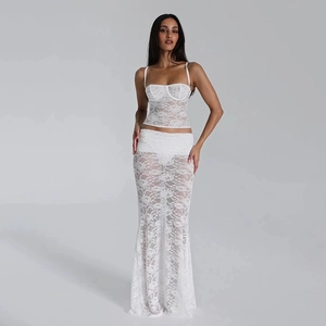 Women Sexy Lace Camisole Top And Maxi Skirt See Through Mesh Backless Tie Back Fashion Streetwear Outfit