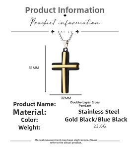 Detailed dimensions of double layered gold and black stainless steel cross pendant