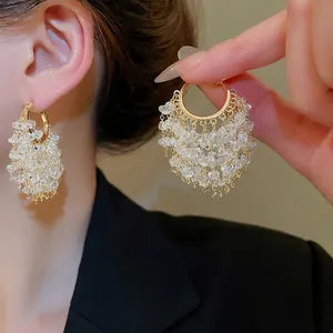 18k gold plated silver needle hoop earrings with sparkling crystal fringe tassels