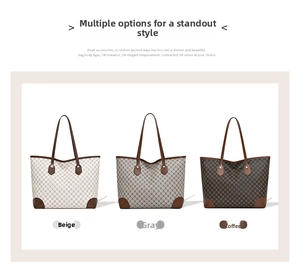 Three large tote bags in beige, grey, and coffee with vintage geometric monogram pattern