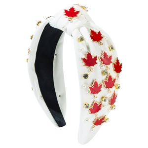 Serre-tête noué blanc avec feuilles d'érable rouges en émail, strass et perles pour l'automne