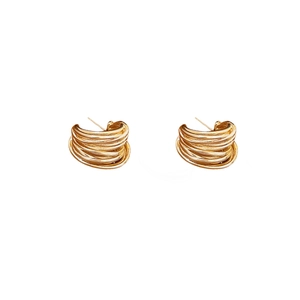 Chic multi-layer woven gold C-shaped geometric hoop earrings on white background