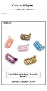 Detail of colorful acrylic cowboy boot hair claws featuring white star and tree patterns