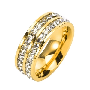 Golden titanium steel double row rhinestone eternity ring for couples on white background