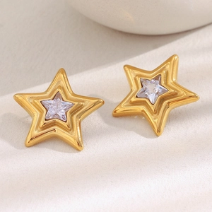 Elegant 18K gold-plated stainless steel star stud earrings with sparkling cubic zirconia