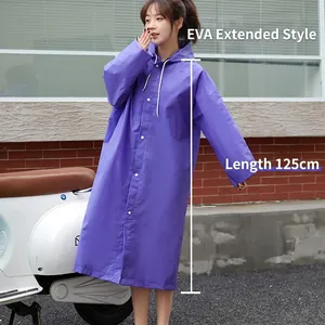 Long purple EVA hooded raincoat with drawstrings, 125cm length for outdoor hiking