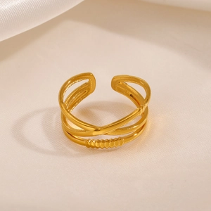 Bague croisée en acier inoxydable plaqué or 18K au design minimaliste nervuré pour femme