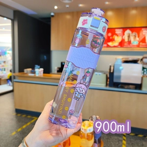 Detail of 900ml purple square water bottle with straw and time marker scale